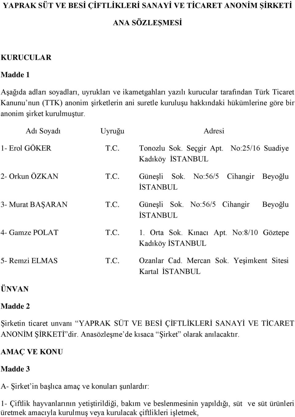 No:25/16 Suadiye Kadıköy İSTANBUL 2- Orkun ÖZKAN T.C. Güneşli Sok. No:56/5 Cihangir Beyoğlu İSTANBUL 3- Murat BAŞARAN T.C. Güneşli Sok. No:56/5 Cihangir Beyoğlu İSTANBUL 4- Gamze POLAT T.C. 1.