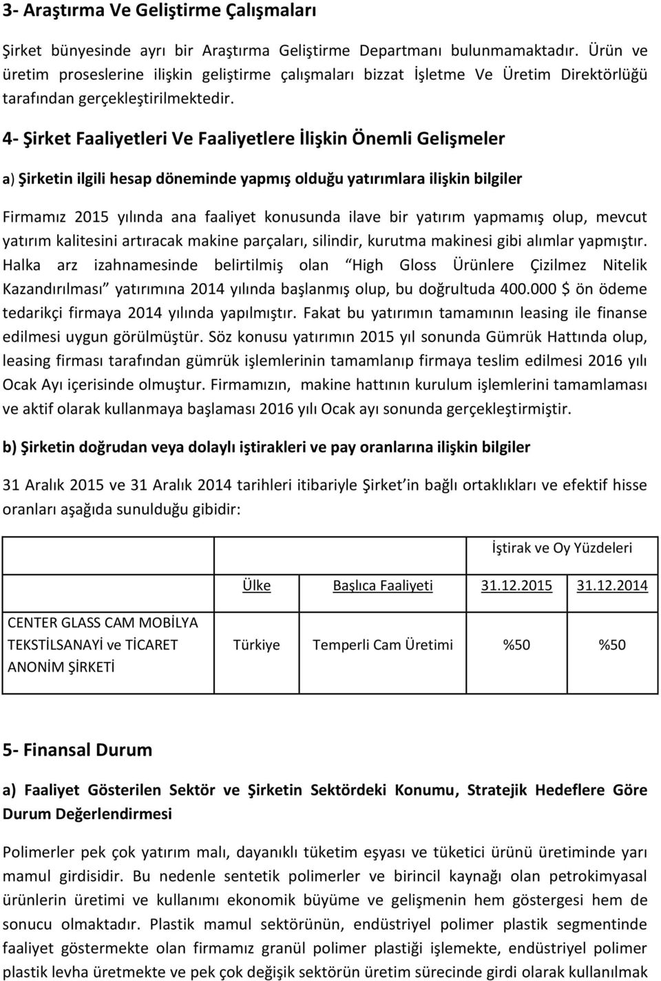 4- Şirket Faaliyetleri Ve Faaliyetlere İlişkin Önemli Gelişmeler a) Şirketin ilgili hesap döneminde yapmış olduğu yatırımlara ilişkin bilgiler Firmamız 2015 yılında ana faaliyet konusunda ilave bir