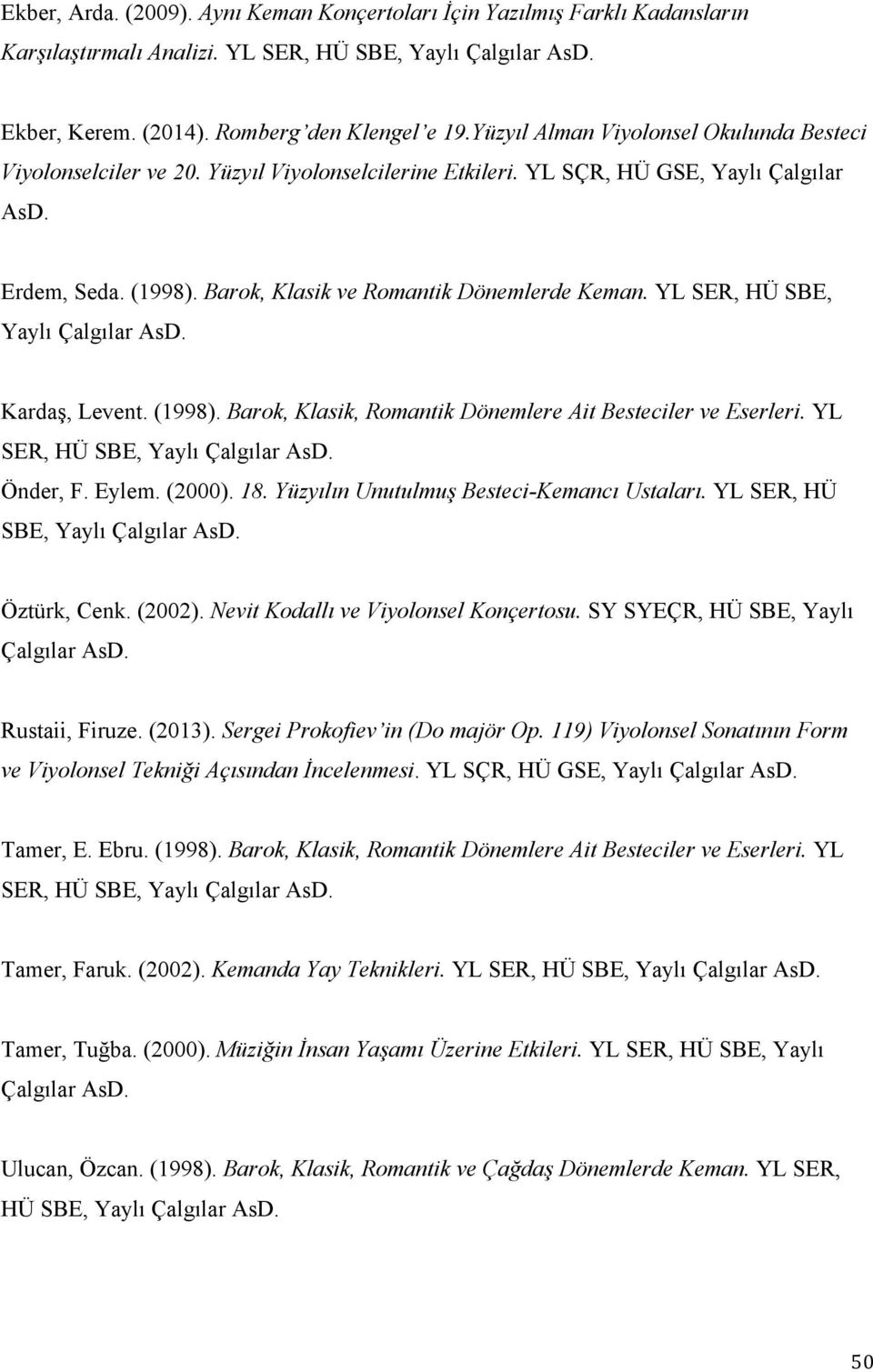 YL SER, HÜ SBE, Yaylı Çalgılar AsD. Kardaş, Levent. (1998). Barok, Klasik, Romantik Dönemlere Ait Besteciler ve Eserleri. YL SER, HÜ SBE, Yaylı Çalgılar AsD. Önder, F. Eylem. (2000). 18.