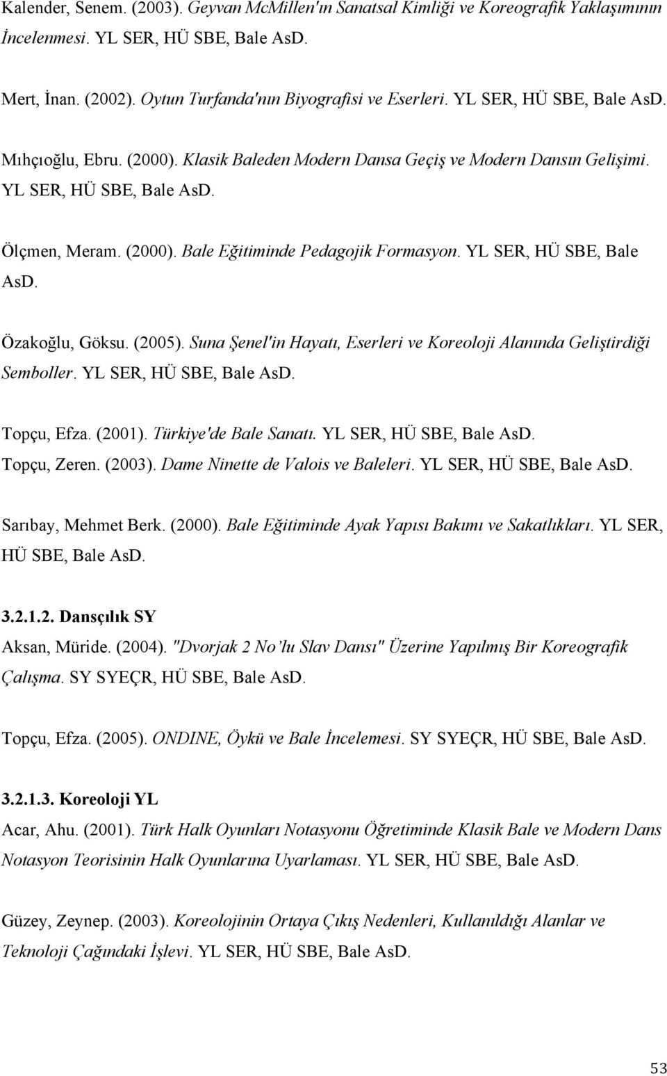YL SER, HÜ SBE, Bale AsD. Özakoğlu, Göksu. (2005). Suna Şenel'in Hayatı, Eserleri ve Koreoloji Alanında Geliştirdiği Semboller. YL SER, HÜ SBE, Bale AsD. Topçu, Efza. (2001). Türkiye'de Bale Sanatı.