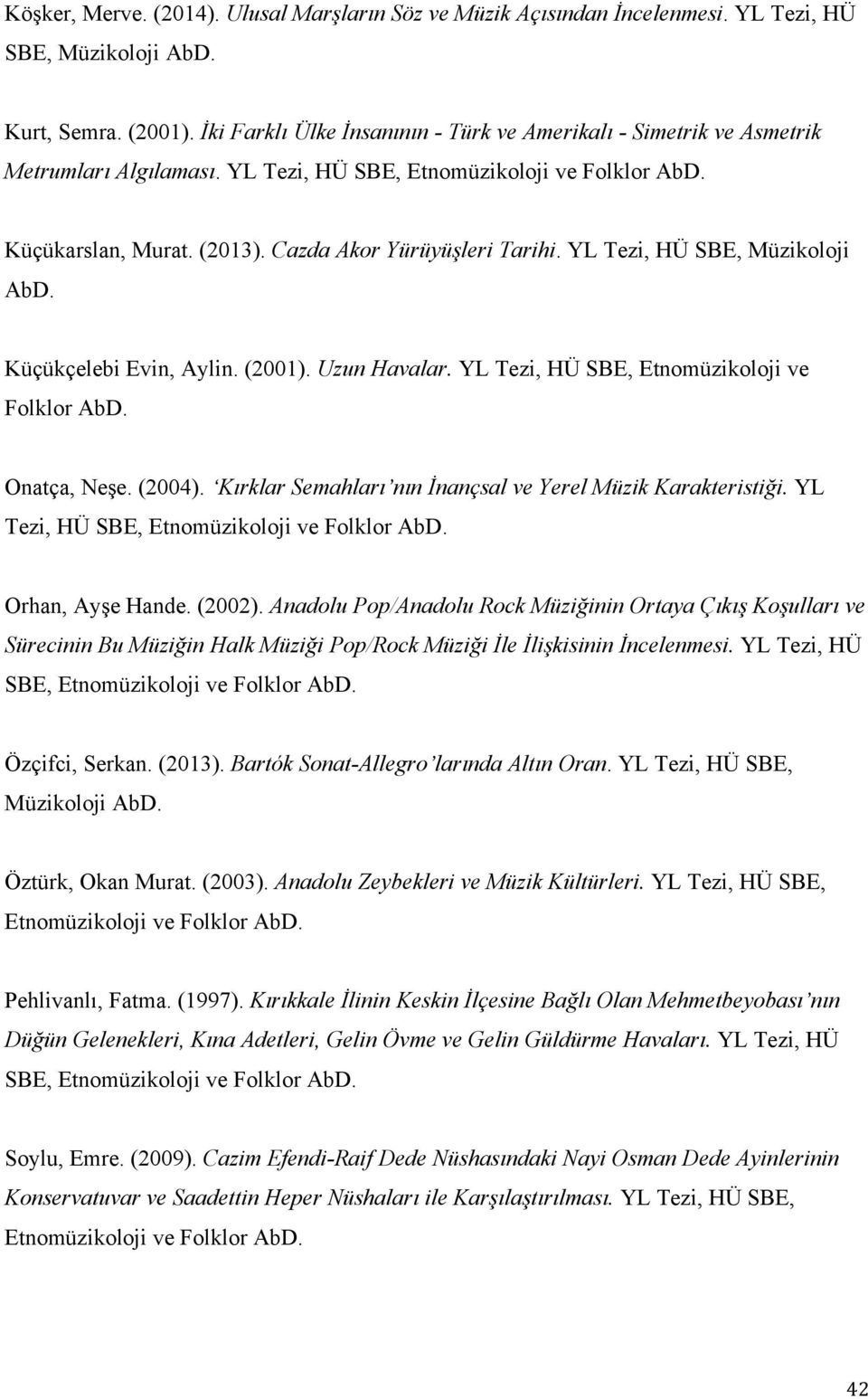 YL Tezi, HÜ SBE, Müzikoloji AbD. Küçükçelebi Evin, Aylin. (2001). Uzun Havalar. YL Tezi, HÜ SBE, Etnomüzikoloji ve Folklor AbD. Onatça, Neşe. (2004).