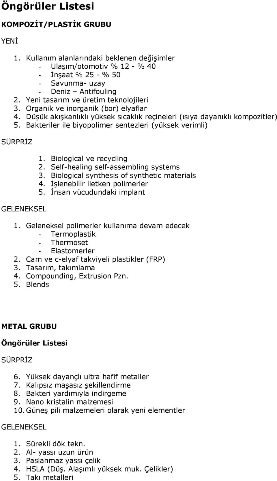 Bakteriler ile biyopolimer sentezleri (yüksek verimli) SÜRPRİZ GELENEKSEL 1. Biological ve recycling 2. Self-healing self-assembling systems 3. Biological synthesis of synthetic materials 4.