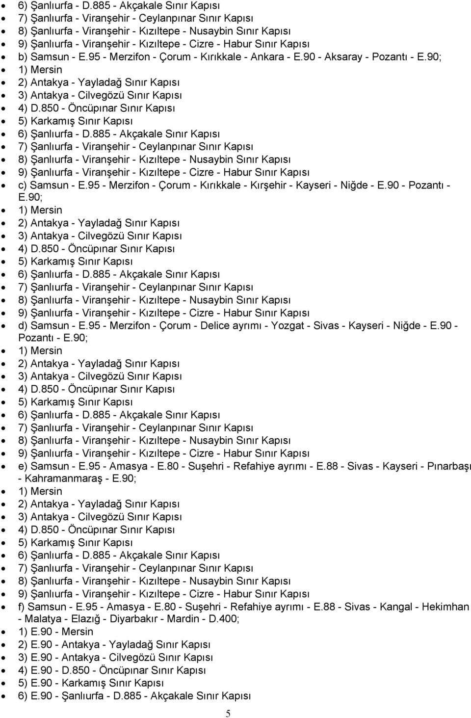 Sınır Kapısı b) Samsun - E.95 - Merzifon - Çorum - Kırıkkale - Ankara - E.90 - Aksaray - Pozantı - E.90; 1) Mersin 2) Antakya - Yayladağ Sınır Kapısı 3) Antakya - Cilvegözü Sınır Kapısı 4) D.