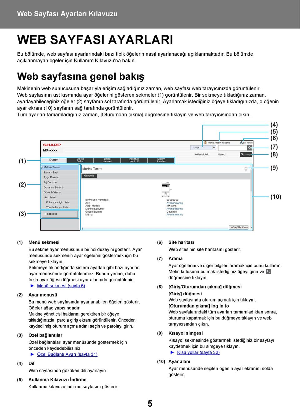 Web sayfasının üst kısmında ayar öğelerini gösteren sekmeler () görüntülenir. Bir sekmeye tıkladığınız zaman, ayarlayabileceğiniz öğeler () sayfanın sol tarafında görüntülenir.