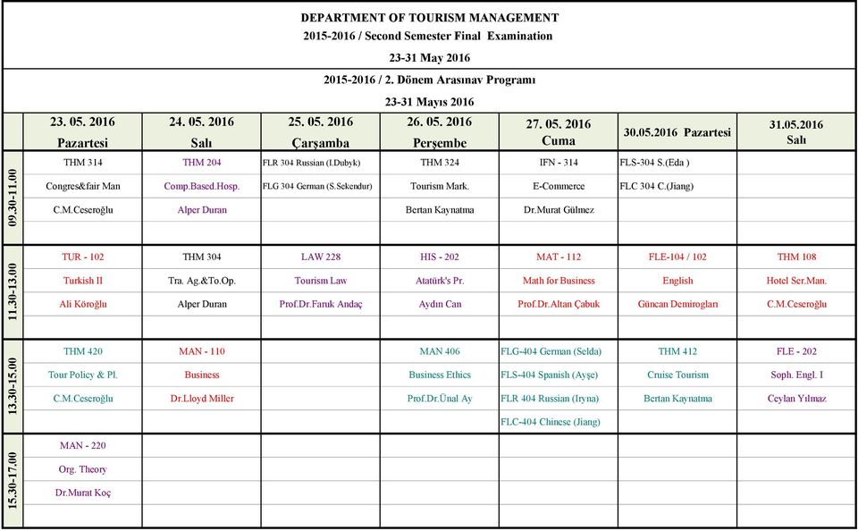 Murat Gülmez TUR - 102 THM 304 LAW 228 HIS - 202 MAT - 112 FLE-104 / 102 THM 108 Turkish II Tra. Ag.&To.Op. Tourism Law Atatürk's Pr. Math for Business English Hotel Ser.Man.