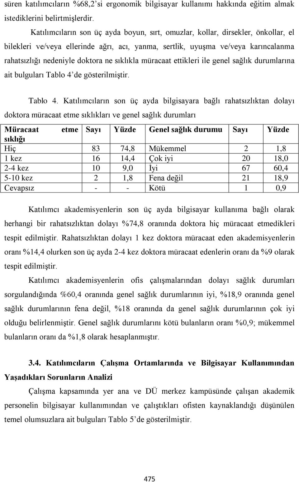 sıklıkla müracaat ettikleri ile genel sağlık durumlarına ait bulguları Tablo 4 