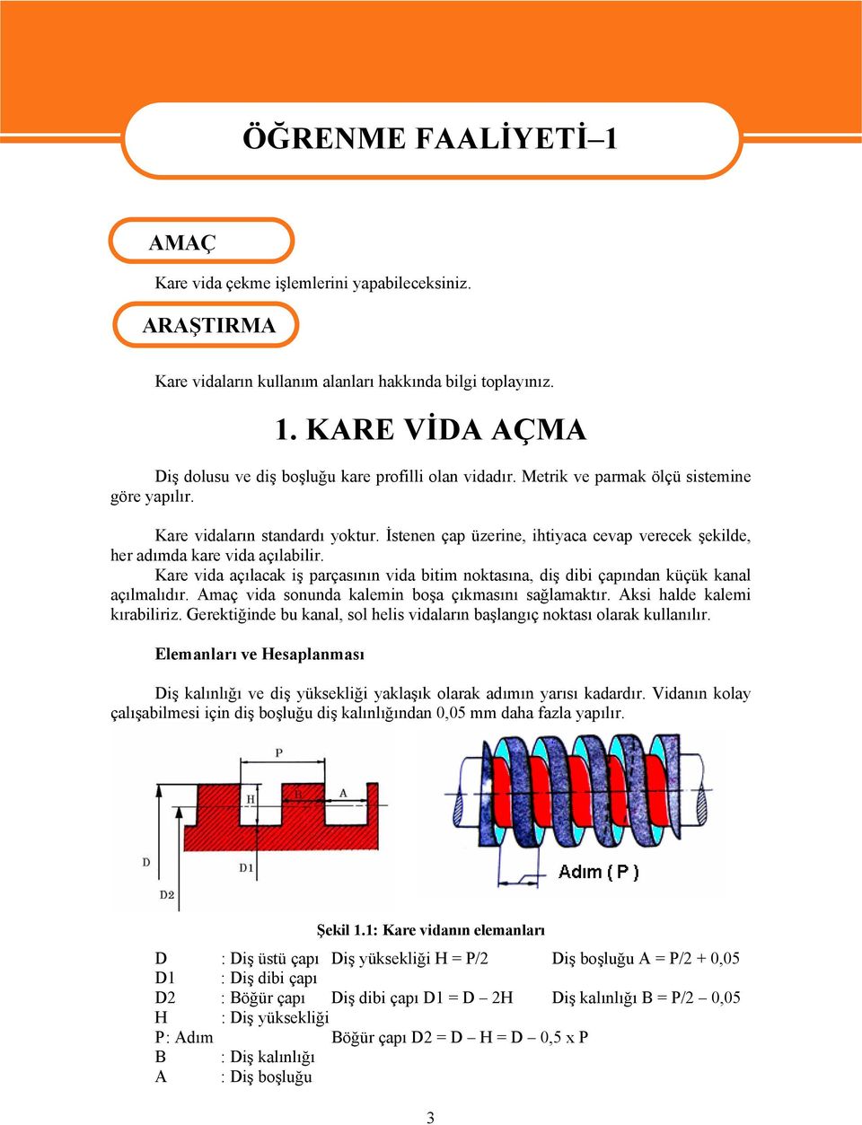 Kare vida açılacak iş parçasının vida bitim noktasına, diş dibi çapından küçük kanal açılmalıdır. Amaç vida sonunda kalemin boşa çıkmasını sağlamaktır. Aksi halde kalemi kırabiliriz.