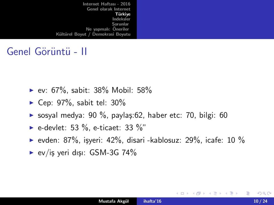 e-devlet: 53 %, e-ticaet: 33 % evden: 87%, işyeri: 42%, disari