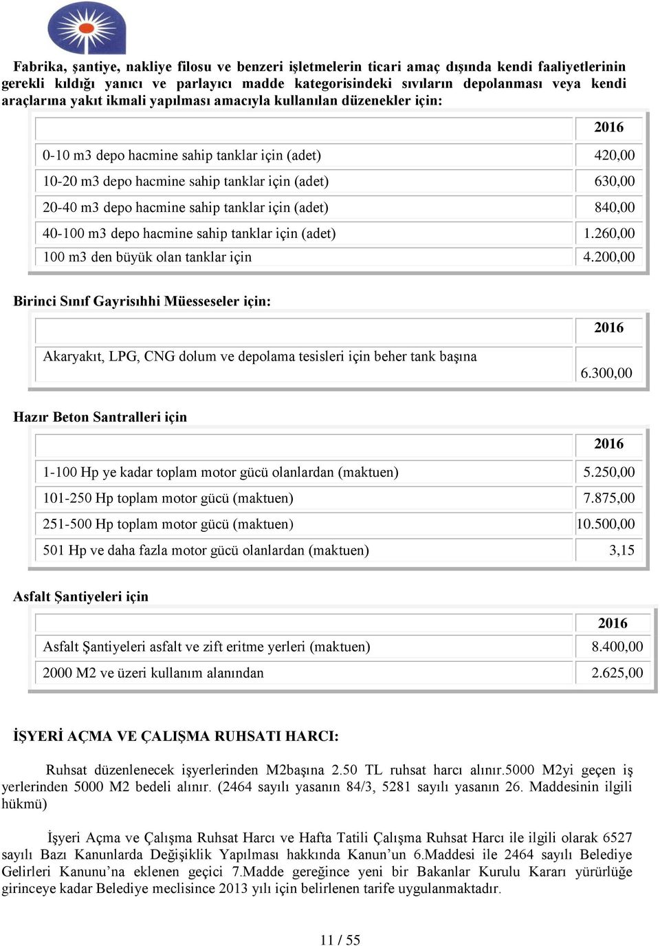 hacmine sahip tanklar için (adet) 840,00 40-100 m3 depo hacmine sahip tanklar için (adet) 1.260,00 100 m3 den büyük olan tanklar için 4.