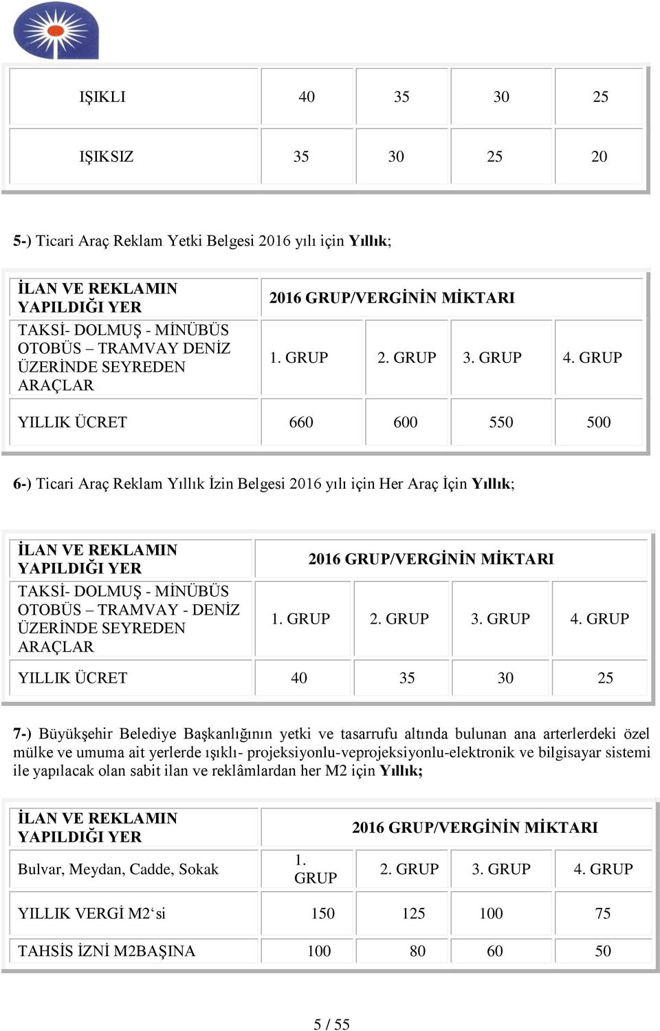 GRUP YILLIK ÜCRET 660 600 550 500 6-) Ticari Araç Reklam Yıllık İzin Belgesi yılı için Her Araç İçin Yıllık; İLAN VE REKLAMIN YAPILDIĞI YER TAKSİ- DOLMUŞ - MİNÜBÜS OTOBÜS TRAMVAY - DENİZ ÜZERİNDE