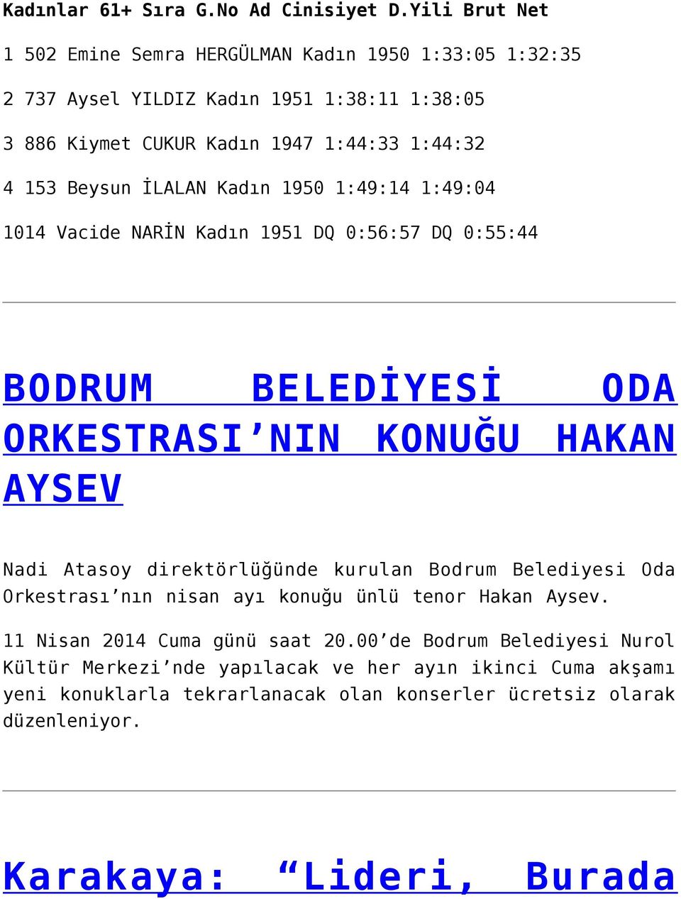 Beysun İLALAN Kadın 1950 1:49:14 1:49:04 1014 Vacide NARİN Kadın 1951 DQ 0:56:57 DQ 0:55:44 BODRUM BELEDİYESİ ODA ORKESTRASI NIN KONUĞU HAKAN AYSEV Nadi Atasoy