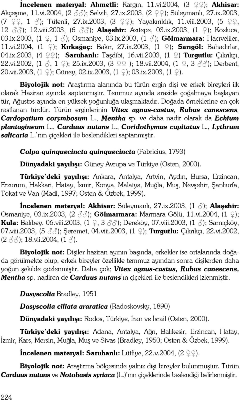 ix.2003, (4 ); Saruhanlı: Taşdibi, 16.vii.2003, (1 ) Turgutlu: Çıkrıkçı, 22.vi.2002, (1, 1 ); 25.ix.2003, (3 ); 18.vii.2004, (1, 3 ); Derbent, 20.vii.2003, (1 ); Güney, 02.ix.2003, (1 ); 03.ix.2003, (1 ). Biyolojik not: Araştırma alanında bu türün ergin dişi ve erkek bireyleri ilk olarak Haziran ayında saptanmıştır.