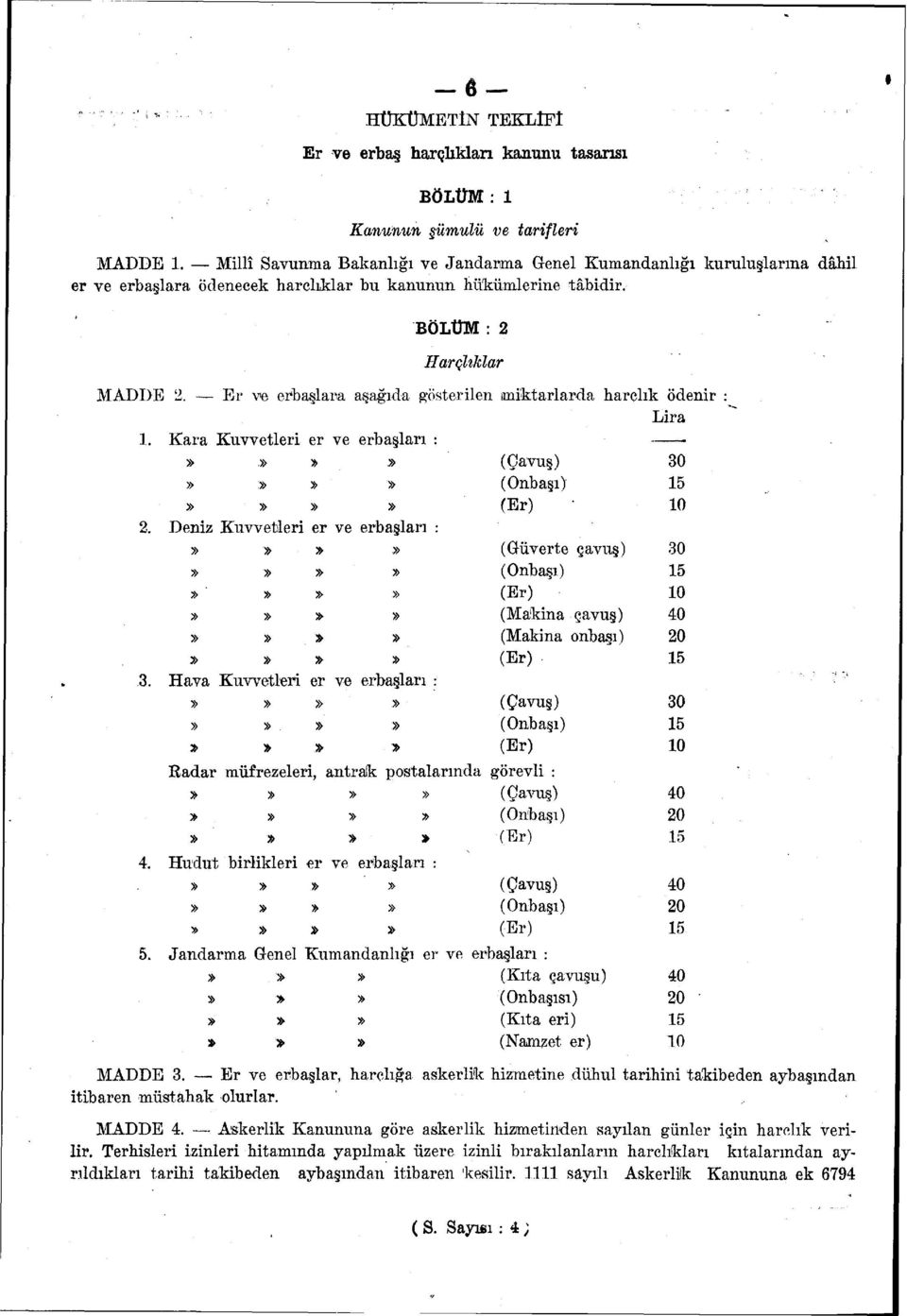 Er ve erbaşlara aşağıda gösterilen miktarlarda harçlık ödenir : Lira 1. Kara Kuvvetleri er ve erbaşları (Çavuş) 30 (Onbaşı) (Er) 2.