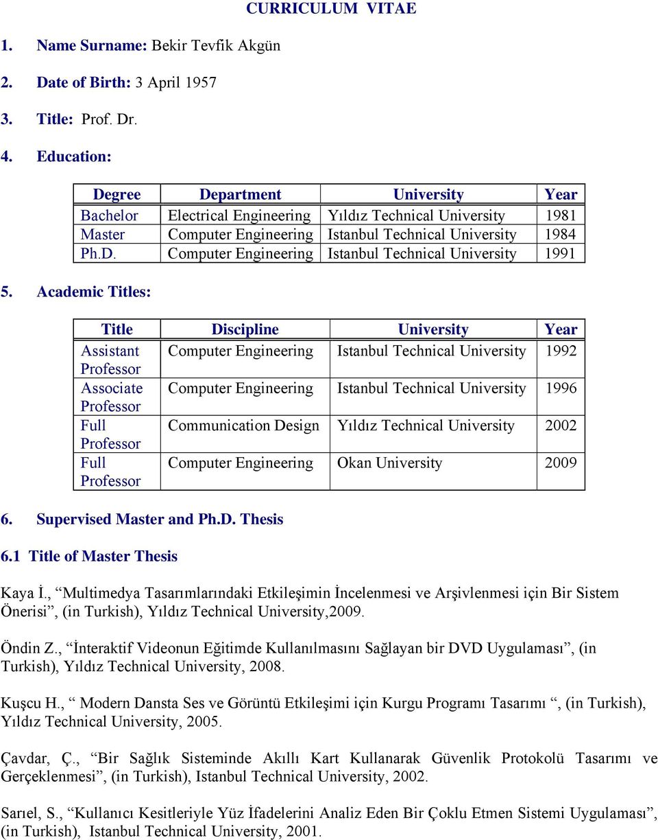 D. Computer Engineering Istanbul Technical University 1991 Title Discipline University Year Assistant Computer Engineering Istanbul Technical University 1992 Associate Computer Engineering Istanbul