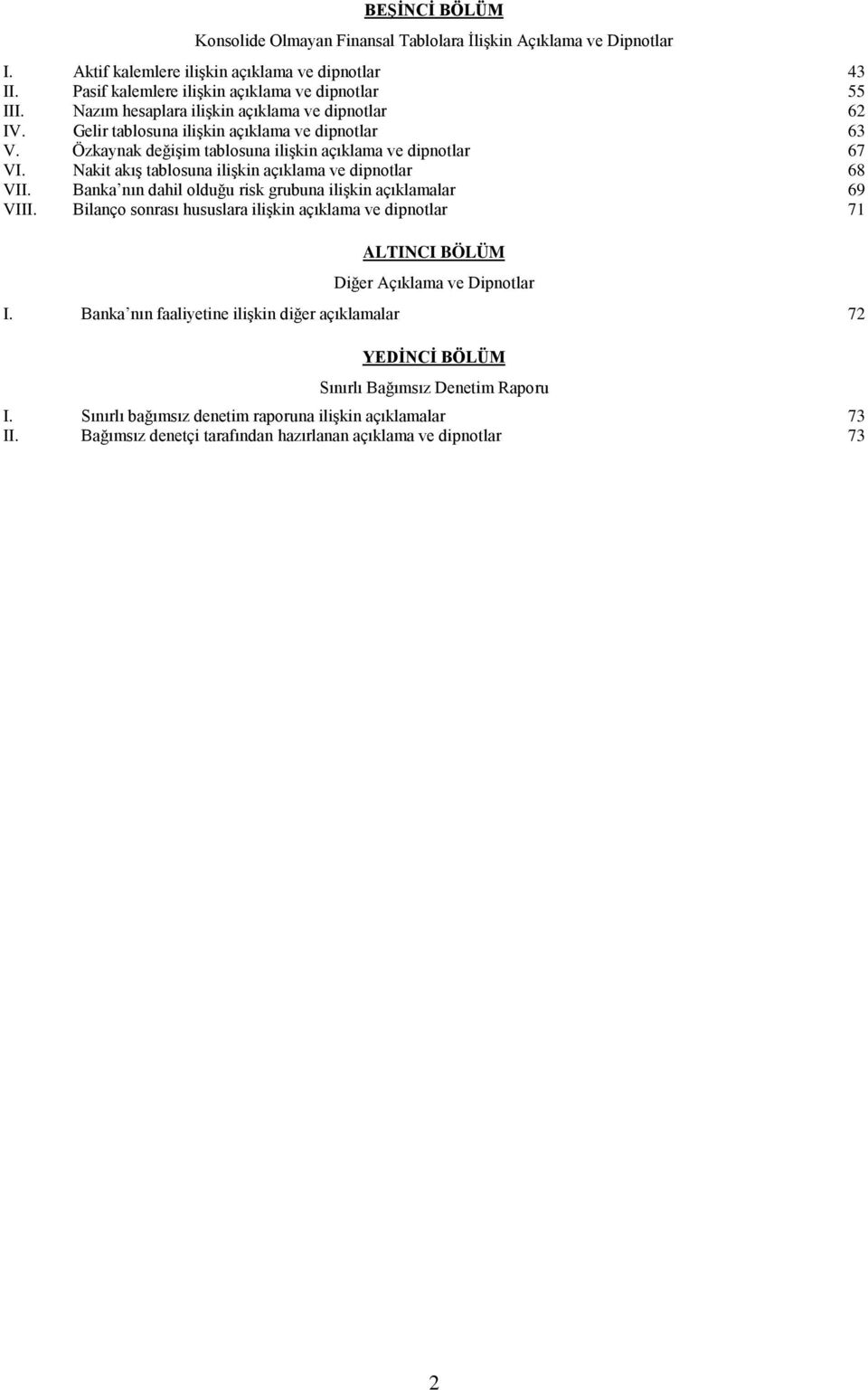 Nakit akış tablosuna ilişkin açıklama ve dipnotlar 68 VII. Banka nın dahil olduğu risk grubuna ilişkin açıklamalar 69 VIII.