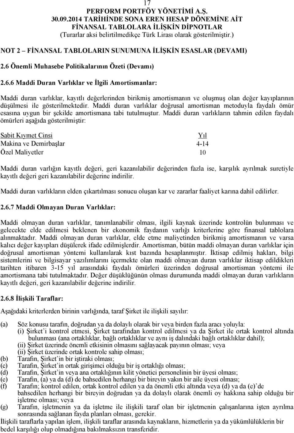 6 Maddi Duran Varlıklar ve İlgili Amortismanlar: Maddi duran varlıklar, kayıtlı değerlerinden birikmiş amortismanın ve oluşmuş olan değer kayıplarının düşülmesi ile gösterilmektedir.