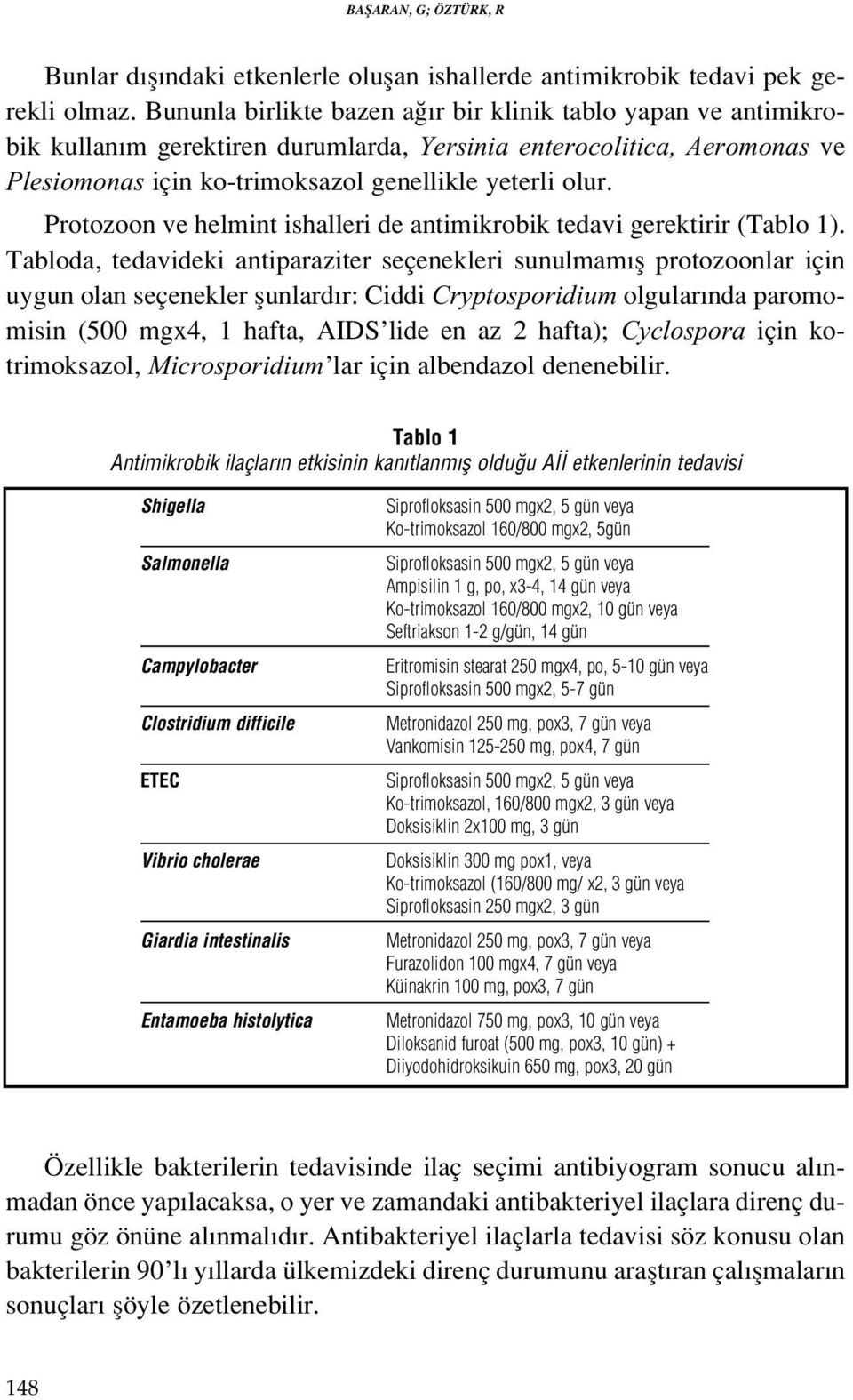 Protozoon ve helmint ishalleri de antimikrobik tedavi gerektirir (Tablo 1).