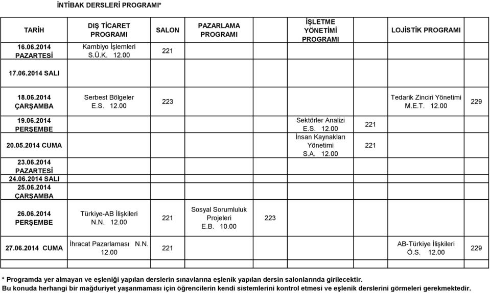 N. AB-Türkiye ĠliĢkileri Ö.S. * Programda yer almayan ve eģleniği yapılan derslerin sınavlarına eģlenik yapılan dersin salonlarında girilecektir.