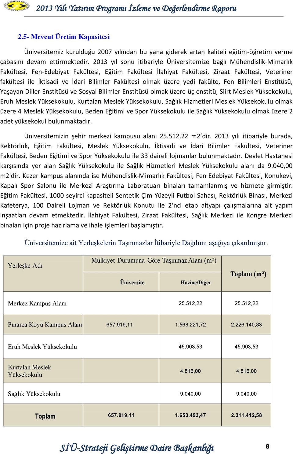 Bilimler Fakültesi olmak üzere yedi fakülte, Fen Bilimleri Enstitüsü, Yaşayan Diller Enstitüsü ve Sosyal Bilimler Enstitüsü olmak üzere üç enstitü, Siirt Meslek Yüksekokulu, Eruh Meslek Yüksekokulu,