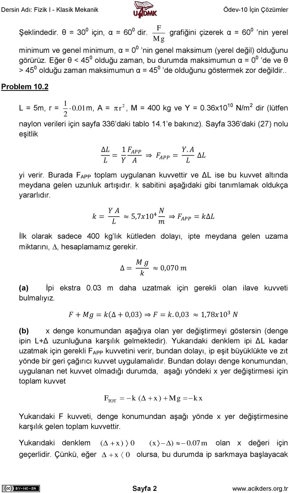 01 m, A = r, M = 400 kg ve Y = 0.36x10 10 N/m dir (lütfen naylon verileri için sayfa 336 daki tablo 14.1 e bakınız). Sayfa 336 daki (7) nolu eşitlik yi verir.