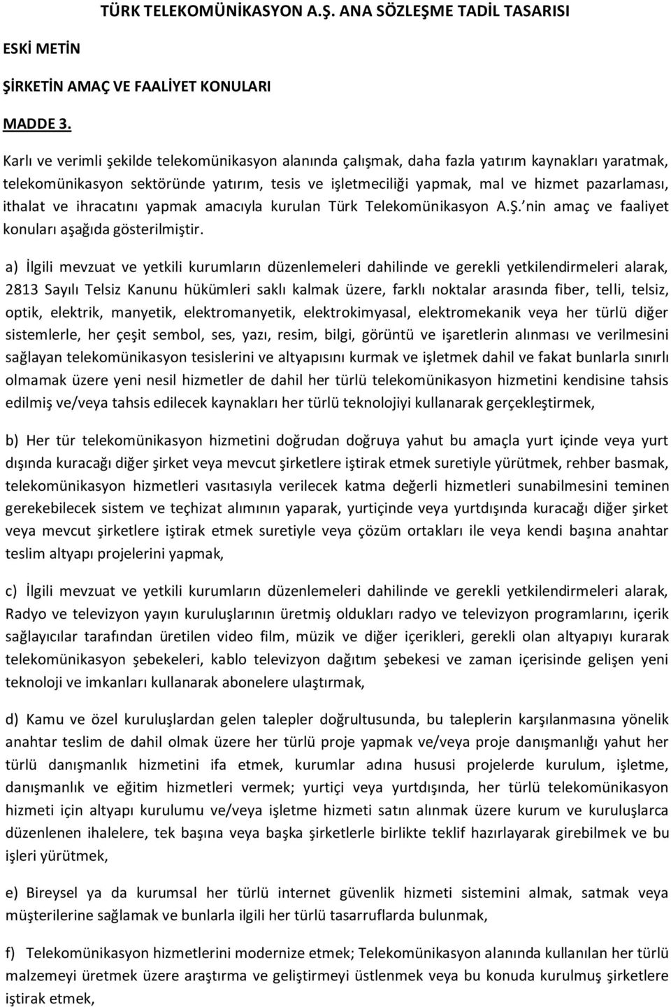 ithalat ve ihracatını yapmak amacıyla kurulan Türk Telekomünikasyon A.Ş. nin amaç ve faaliyet konuları aşağıda gösterilmiştir.