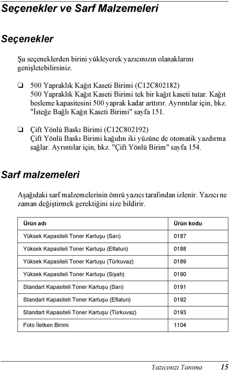 "İsteğe Bağlı Kağıt Kaseti Birimi" sayfa 151. Çift Yönlü Baskı Birimi (C1C019) Çift Yönlü Baskı Birimi kağıdın iki yüzüne de otomatik yazdırma sağlar. Ayrıntılar için, bkz.