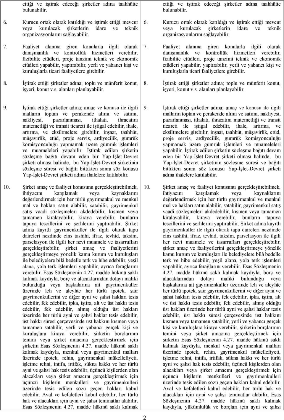 yabancı kişi ve kuruluşlarla ticari faaliyetlere girebilir. 8. İştirak ettiği şirketler adına; toplu ve münferit konut, işyeri, konut v.s. alanları planlayabilir.