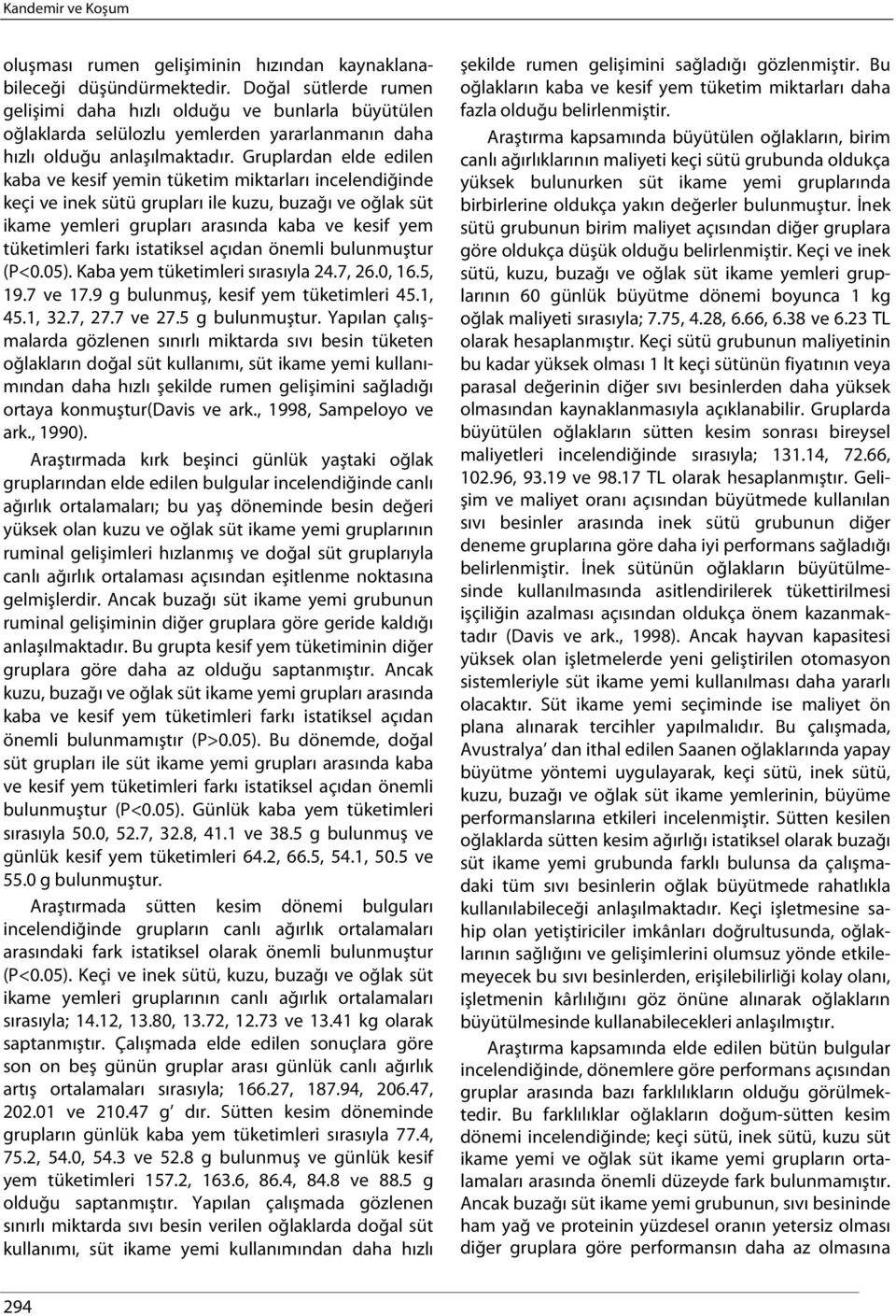 Gruplardan elde edilen kaba ve kesif yemin tüketim miktarları incelendiğinde keçi ve inek sütü grupları ile kuzu, buzağı ve oğlak süt ikame yemleri grupları arasında kaba ve kesif yem tüketimleri