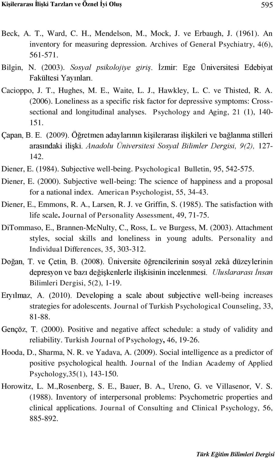 C. ve Thisted, R. A. (2006). Loneliness as a specific risk factor for depressive symptoms: Crosssectional and longitudinal analyses. Psychology and Aging, 21 (1), 140-151. Çapan, B. E. (2009).