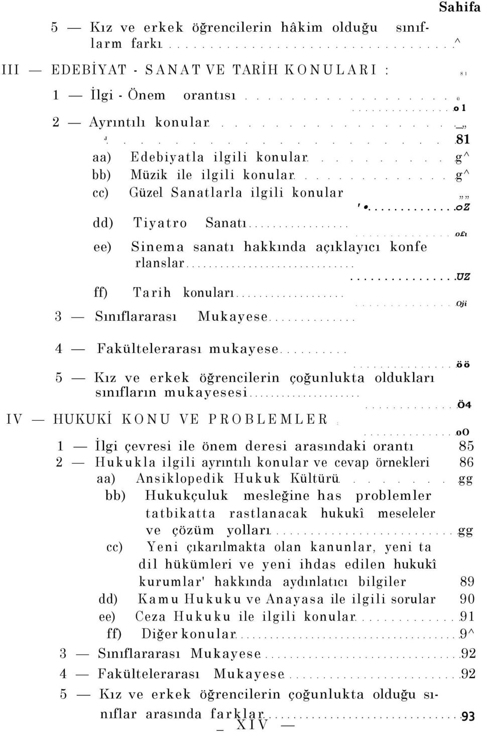 4 Fakültelerarası mukayese 5 Kız ve erkek öğrencilerin çoğunlukta oldukları sınıfların mukayesesi öö Ö4 IV HUKUKİ KONU VE PROBLEMLER : oo 1 İlgi çevresi ile önem deresi arasındaki orantı 85 2 Hukukla