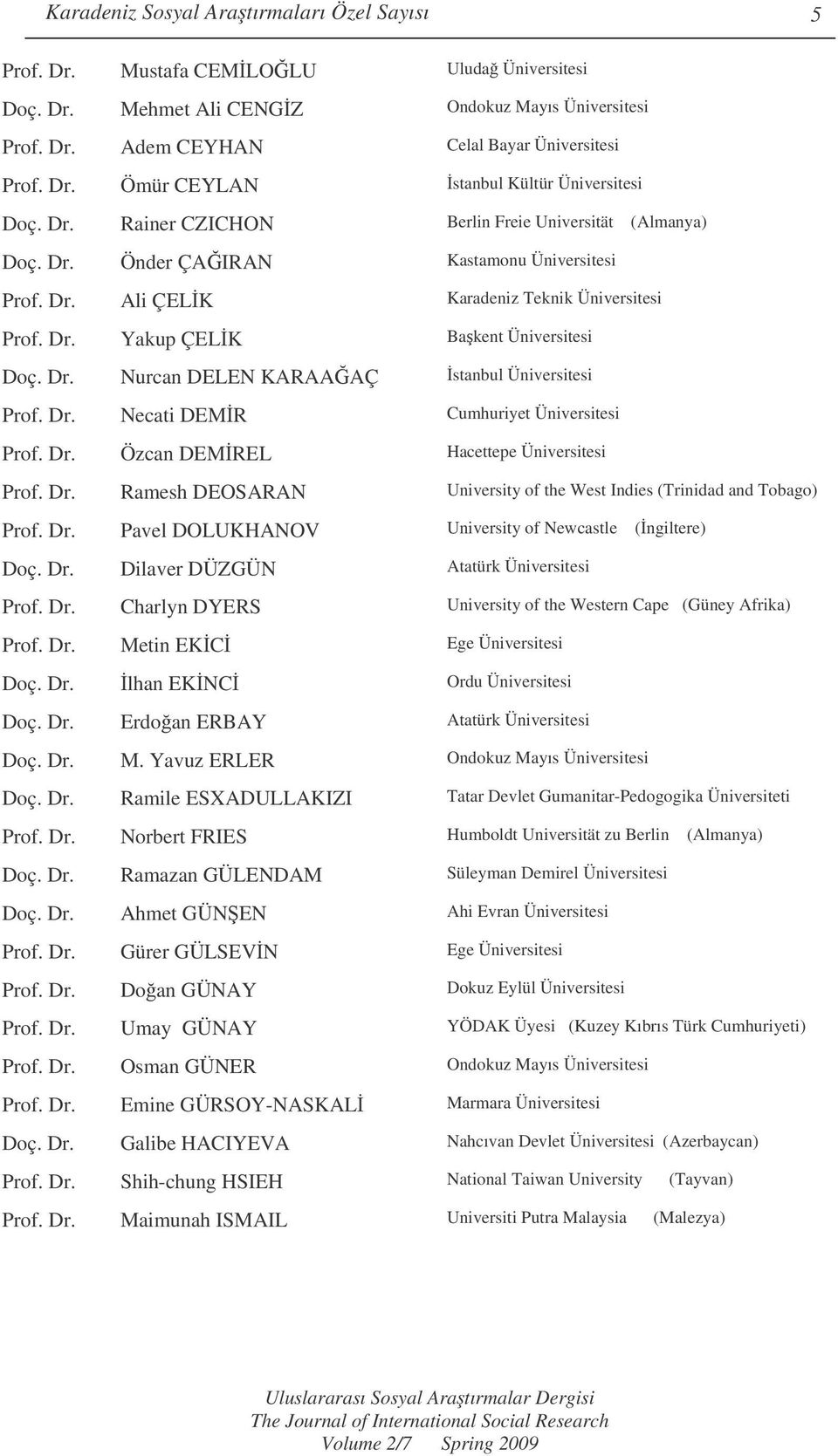 Dr. Necati DEMR Cumhuriyet Üniversitesi Prof. Dr. Özcan DEMREL Hacettepe Üniversitesi Prof. Dr. Ramesh DEOSARAN University of the West Indies (Trinidad and Tobago) Prof. Dr. Pavel DOLUKHANOV University of Newcastle (ngiltere) Doç.