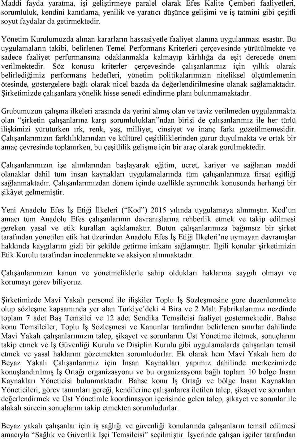 Bu uygulamaların takibi, belirlenen Temel Performans Kriterleri çerçevesinde yürütülmekte ve sadece faaliyet performansına odaklanmakla kalmayıp kârlılığa da eşit derecede önem verilmektedir.