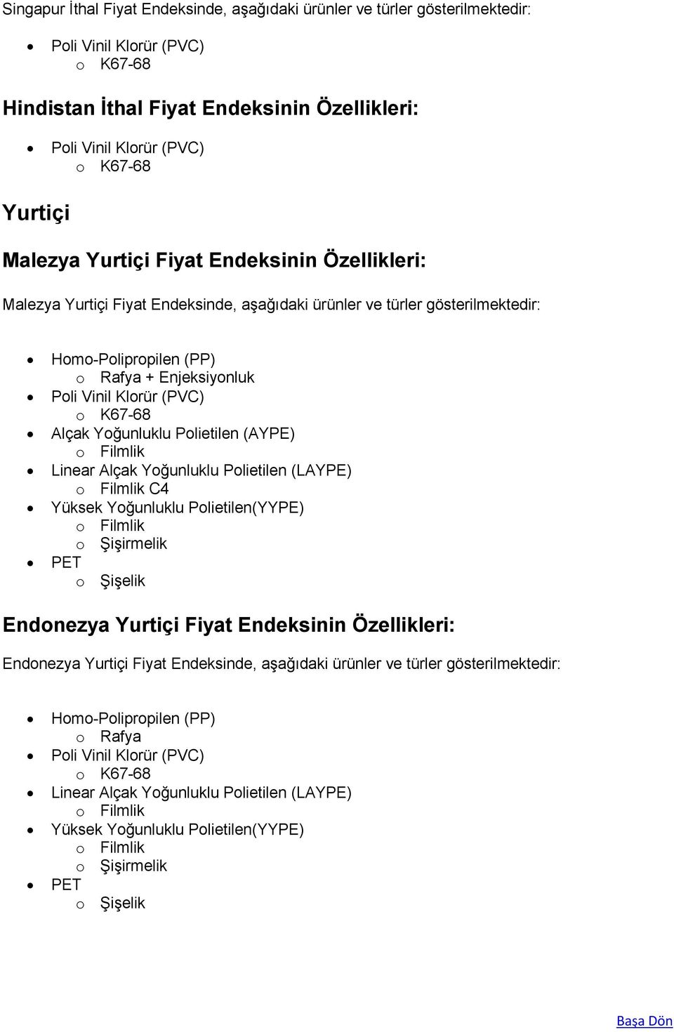 gösterilmektedir: Homo-Polipropilen (PP) + Enjeksiyonluk (AYPE) Linear (LAYPE) C4 o Şişirmelik Endonezya Yurtiçi Fiyat