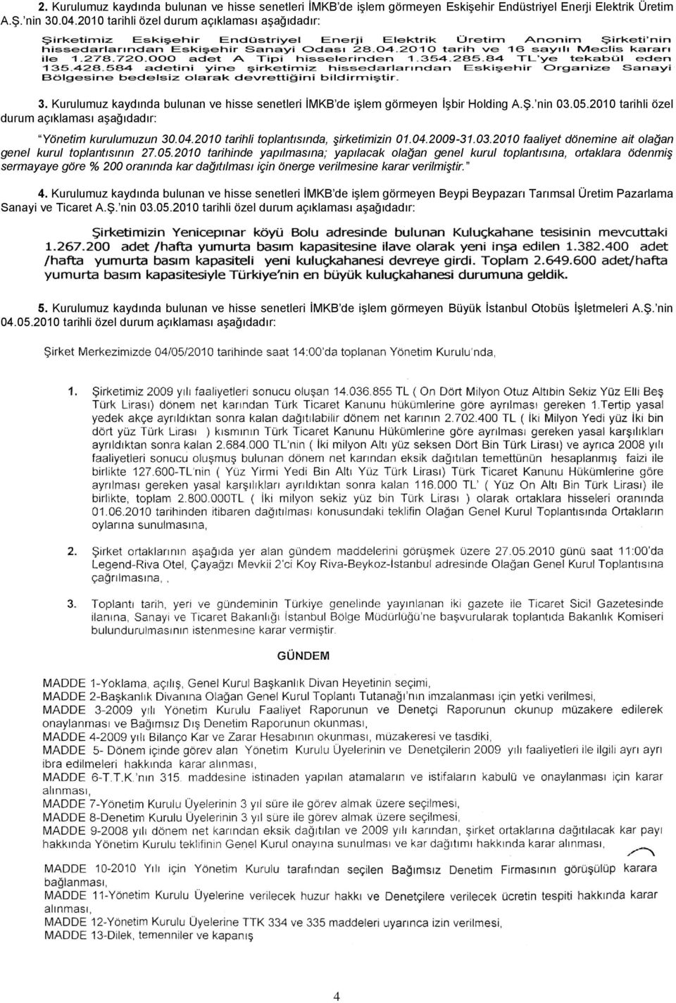 2010 tarihli toplantısında, şirketimizin 01.04.2009-31.03.2010 faaliyet dönemine ait olağan genel kurul toplantısının 27.05.