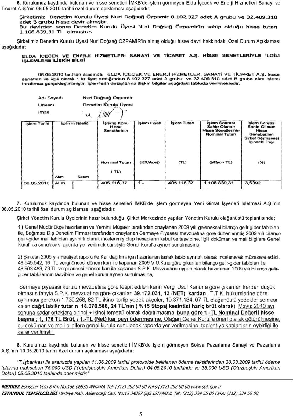 Kurulumuz kaydında bulunan ve hisse senetleri İMKB de işlem görmeyen Yeni Gimat İşyerleri İşletmesi A.Ş. nin 06.05.