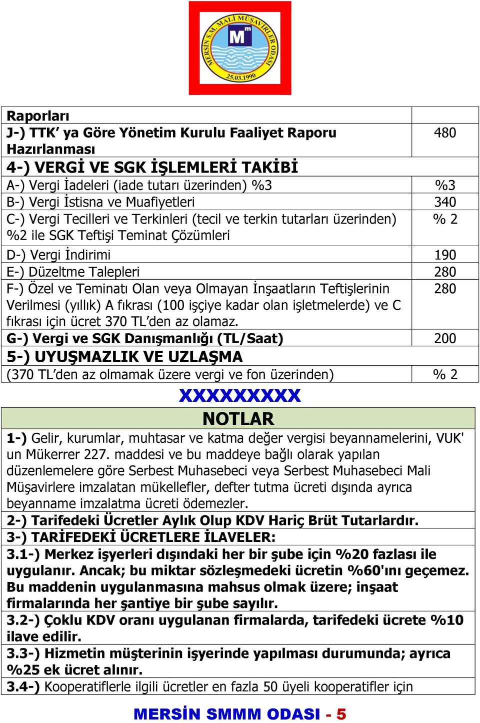 İnşaatların Teftişlerinin 280 Verilmesi (yıllık) A fıkrası (100 işçiye kadar olan işletmelerde) ve C fıkrası için ücret 370 TL den az olamaz.