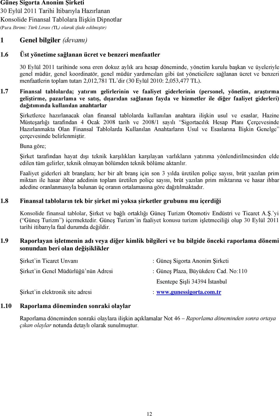 gibi üst yöneticilere sağlanan ücret ve benzeri menfaatlerin toplam tutarı 2,012,781 TL dir (30 Eylül 2010: 2,053,477 TL). 1.