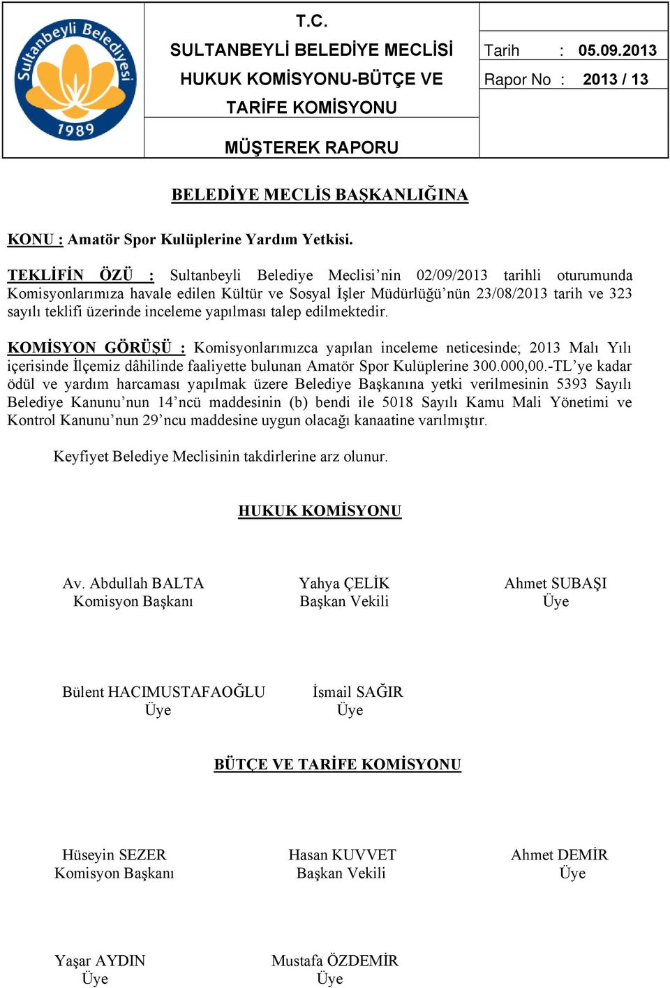 KOMİSYON GÖRÜŞÜ : Komisyonlarımızca yapılan inceleme neticesinde; 2013 Malı Yılı içerisinde İlçemiz dâhilinde faaliyette bulunan Amatör Spor Kulüplerine 300.000,00.