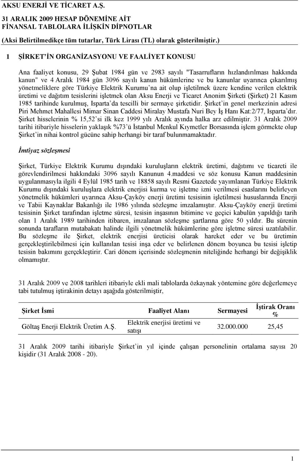 Anonim Şirketi (Şirket) 21 Kasım 1985 tarihinde kurulmuş, Isparta da tescilli bir sermaye şirketidir.