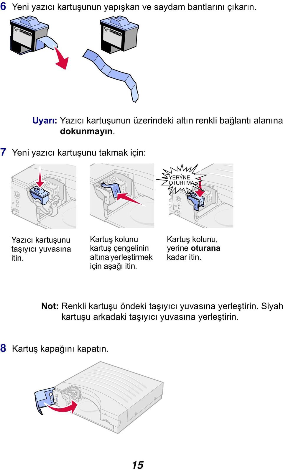 7 Yeni yazıcı kartuşunu takmak için: YERÝNE OTURTMA Yazıcı kartuşunu taşıyıcı yuvasına itin.