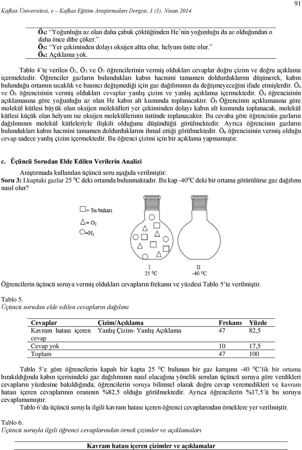 Öğrenciler gazların bulundukları kabın hacmini tamamen doldurduklarını düşünerek, kabın bulunduğu ortamın sıcaklık ve basıncı değişmediği için gaz dağılımının da değişmeyeceğini ifade etmişlerdir.