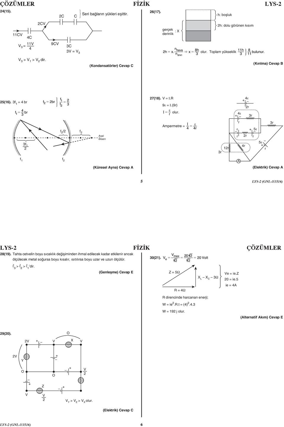 Ampemete = I f = 1 e e e 5e 5e f 1 f A (Küesel Ayn) Cevp A (Elektik) Cevp A 5 LYS- (GNL-/1516) LYS- FİZİK ÇÖZÜMLER 8(19).