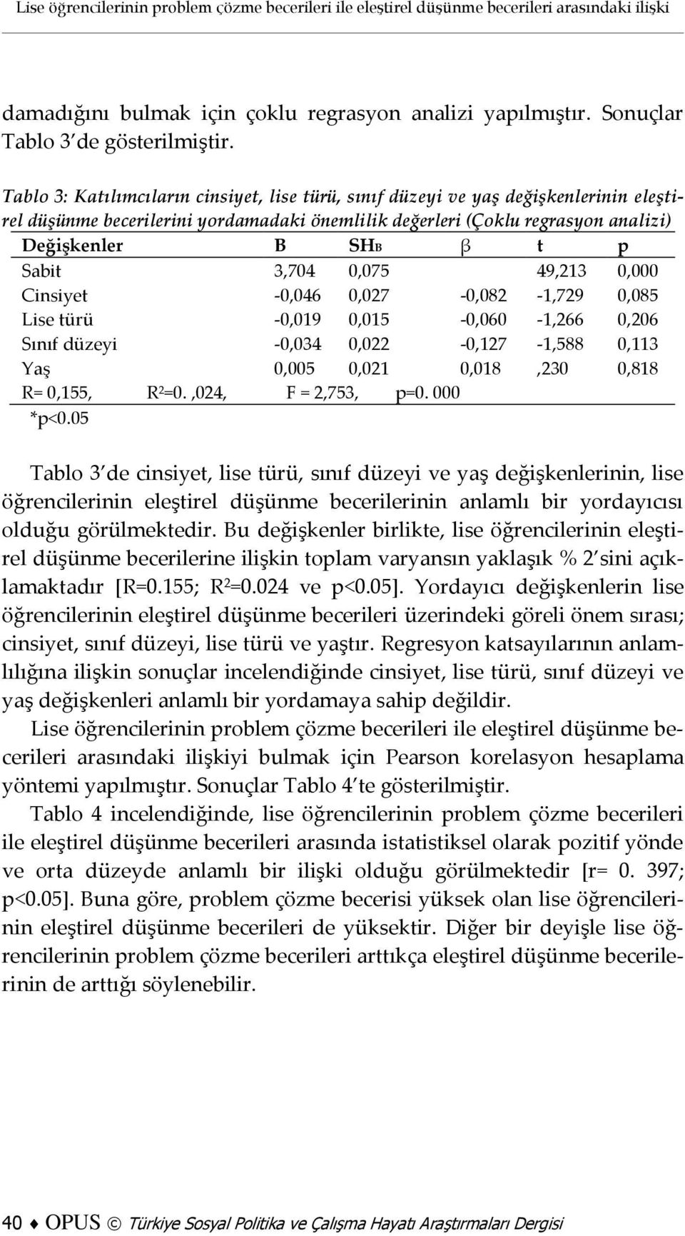 3,704 0,075 49,213 0,000 Cinsiyet -0,046 0,027-0,082-1,729 0,085 Lise türü -0,019 0,015-0,060-1,266 0,206 Sınıf düzeyi -0,034 0,022-0,127-1,588 0,113 Yaş 0,005 0,021 0,018,230 0,818 R= 0,155, R 2 =0.