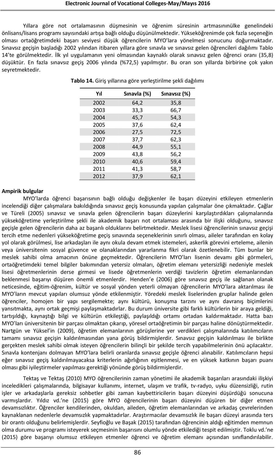 Sınavsız geçişin başladığı 2002 yılından itibaren yıllara göre sınavla ve sınavsız gelen öğrencileri dağılımı Tablo 14 te görülmektedir.