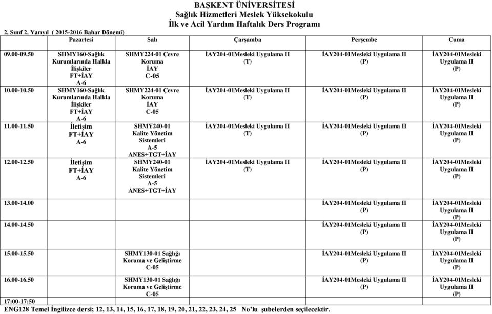 50 FT+ĠAY SHMY224-01 Çevre Koruma ĠAY SHMY224-01 Çevre Koruma ĠAY SHMY240-01 Kalite Yönetim Sistemleri +TGT+ĠAY SHMY240-01 Kalite Yönetim Sistemleri +TGT+ĠAY ĠAY204-01Mesleki Uygulama II