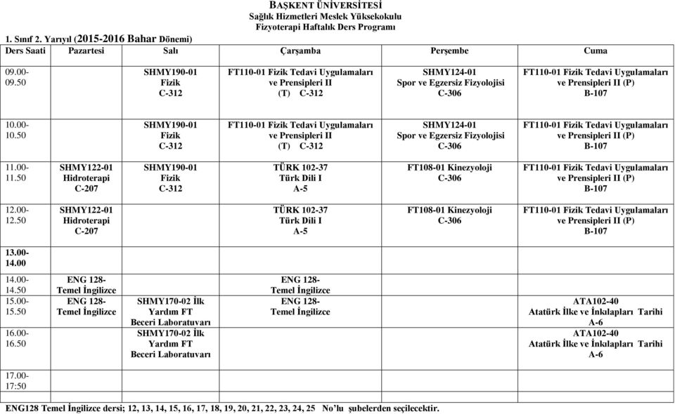 50 SHMY190-01 Fizik FT110-01 Fizik Tedavi Uygulamaları ve Prensipleri II SHMY124-01 Spor ve Egzersiz Fizyolojisi FT110-01 Fizik Tedavi Uygulamaları ve Prensipleri II B-107 11.00-11.
