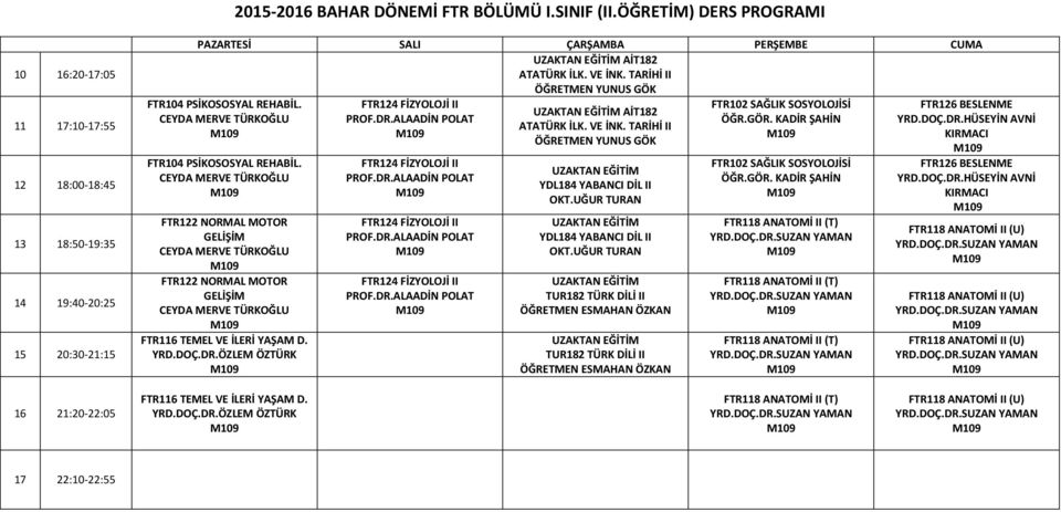 VE İNK. TARİHİ II ÖĞRETMEN YUNUS GÖK FTR102 SAĞLIK SOSYOLOJİSİ AİT182 ÖĞR.GÖR. KADİR ŞAHİN ATATÜRK İLK. VE İNK. TARİHİ II ÖĞRETMEN YUNUS GÖK FTR104 PSİKOSOSYAL REHABİL.