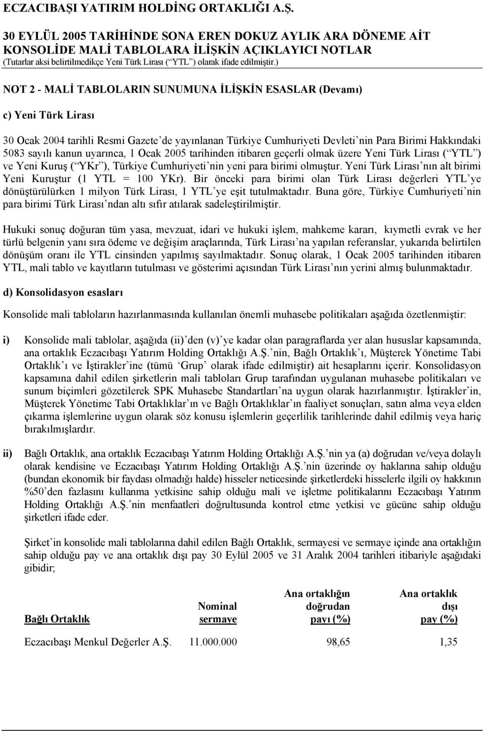 Yeni Türk Lirası nın alt birimi Yeni Kuruştur (1 YTL = 100 YKr). Bir önceki para birimi olan Türk Lirası değerleri YTL ye dönüştürülürken 1 milyon Türk Lirası, 1 YTL ye eşit tutulmaktadır.