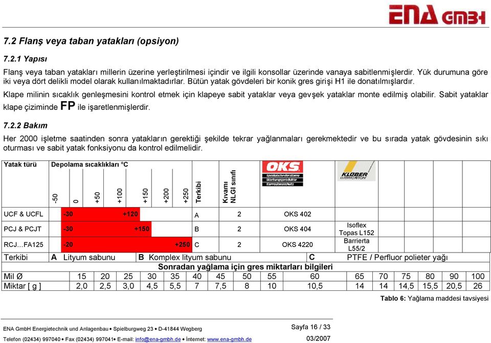 Klape milinin sıcaklık genleşmesini kontrol etmek için klapeye sabit yataklar veya gevşek yataklar monte edilmiş olabilir. Sabit yataklar klape çiziminde FP ile işaretlenmişlerdir. 7.2.