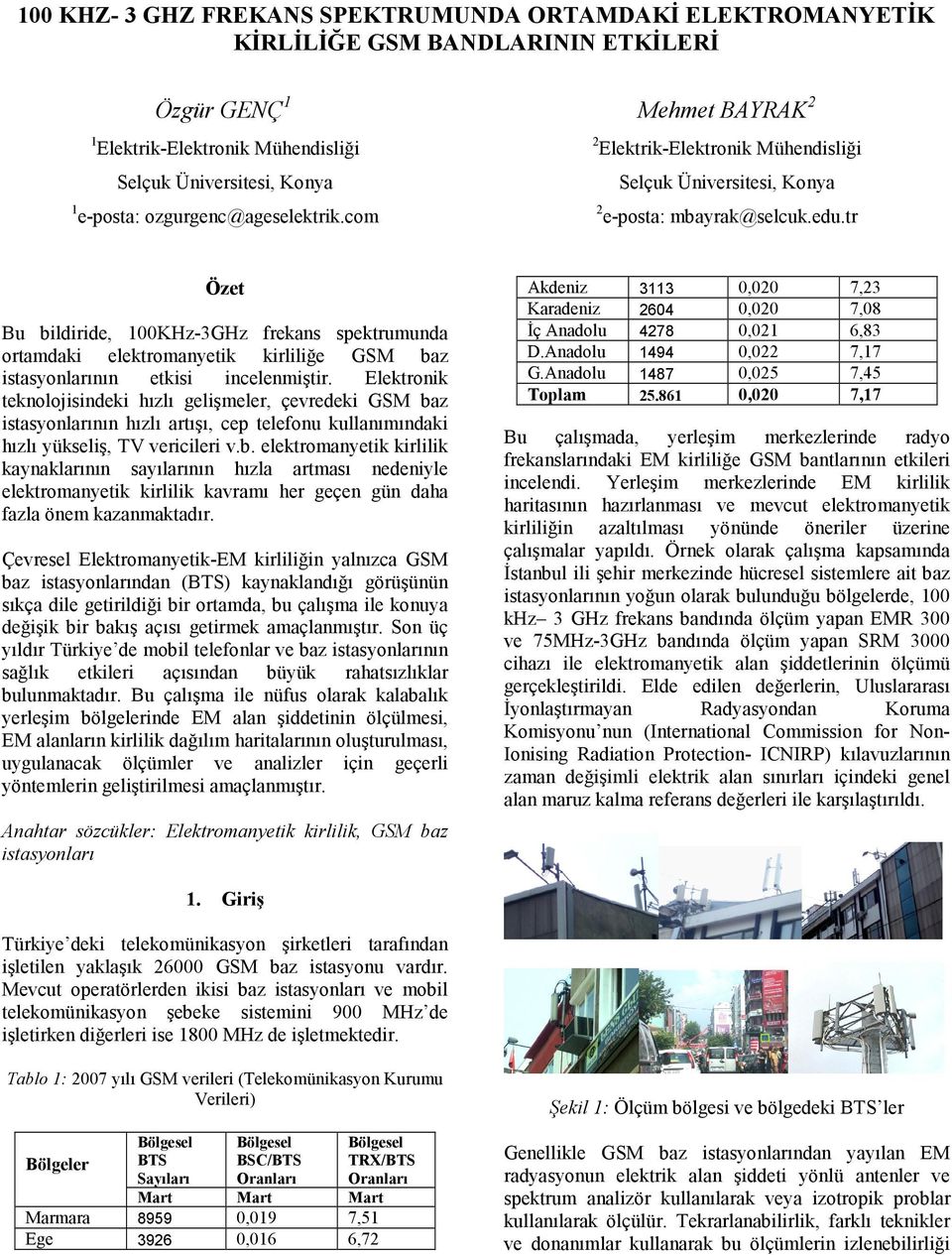 tr Özet Bu bildiride, 100KHz-3GHz frekans spektrumunda ortamdaki elektromanyetik kirliliğe GSM baz istasyonlarının etkisi incelenmiştir.